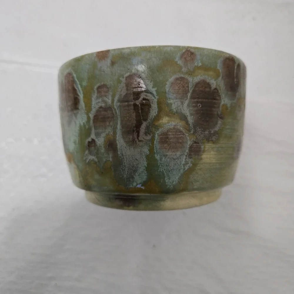 Studio Art Pottery Golden Green & Brown Drip Crackle Glaze Ceramic Bowl